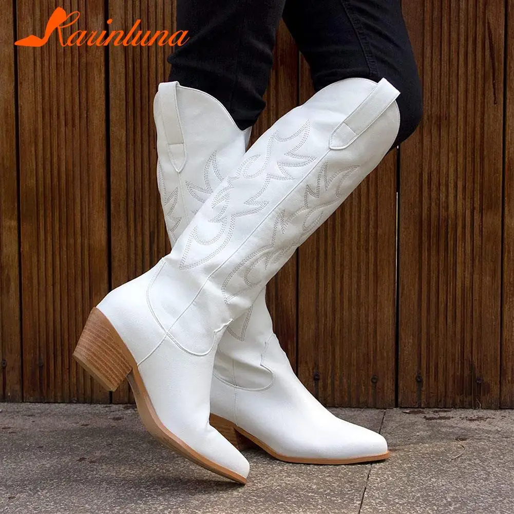 Top Trends: Women&#039;s Western Boots 2023 Autumn Winter Fashion Chunky Heeled Cowboy Boots Vintage Style Country Western Cowgirl White Boots Shoppable Styles