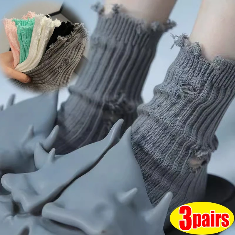 Top Trends: 1 / 3pairs Punk Broken Cotton Socks Medium Long Tube Pile Pile Gothic Ripped Hand Cut Harajuku Stocking Knitting Y2k Women Socks Shoppable Styles