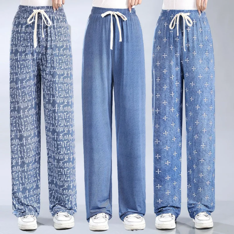 Top Trends: Summer Thin Women Loose Wide Leg Pants Letter Printing Elastic High Waist Fashion Streetwear Casual New Denim Straight Trousers Shoppable Styles