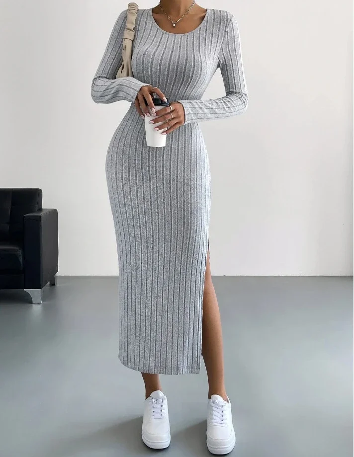 Top Trends: Casual Elegant Women Dresses 2023 Autumn Winter New Long Sleeve Round Neck Split Knit Fashion Slim Long Dress Female Clothing Shoppable Styles