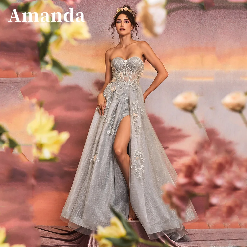 Top Trends: Amanda Sexy 3D Flower Strapless Vestidos De Noche Side Split Grey فساتين مناسبة رسمية Sweet Sleeveless A-line Prom Dress 2023 Shoppable Styles