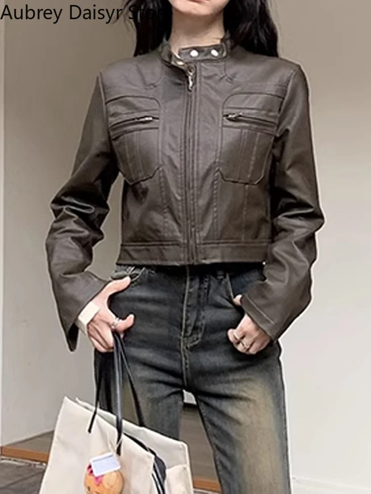 Top Trends: Vintage Cropped Leather Jacket Women Korean Streetwear Biker Zipper Leather Jacket Winter High Street Stand Collar Leather Coat Shoppable Styles - Image 5