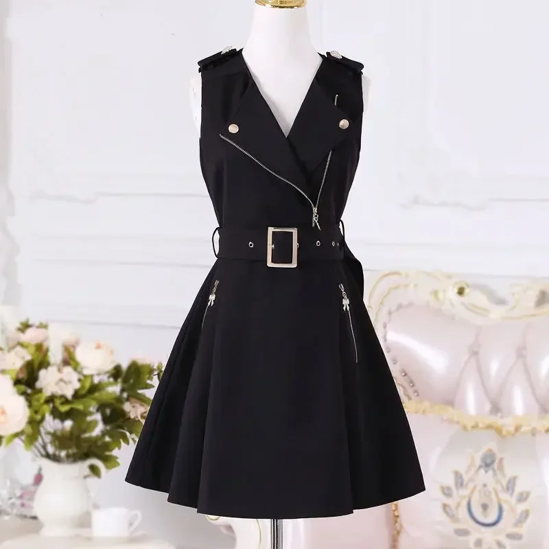 Top Trends: Women Sleeveless Vest Dress 2023 Summer British Fashion Black Zipper Slim Elegant Lady Dresses Fall Clothing Punk Goth Gothic Shoppable Styles