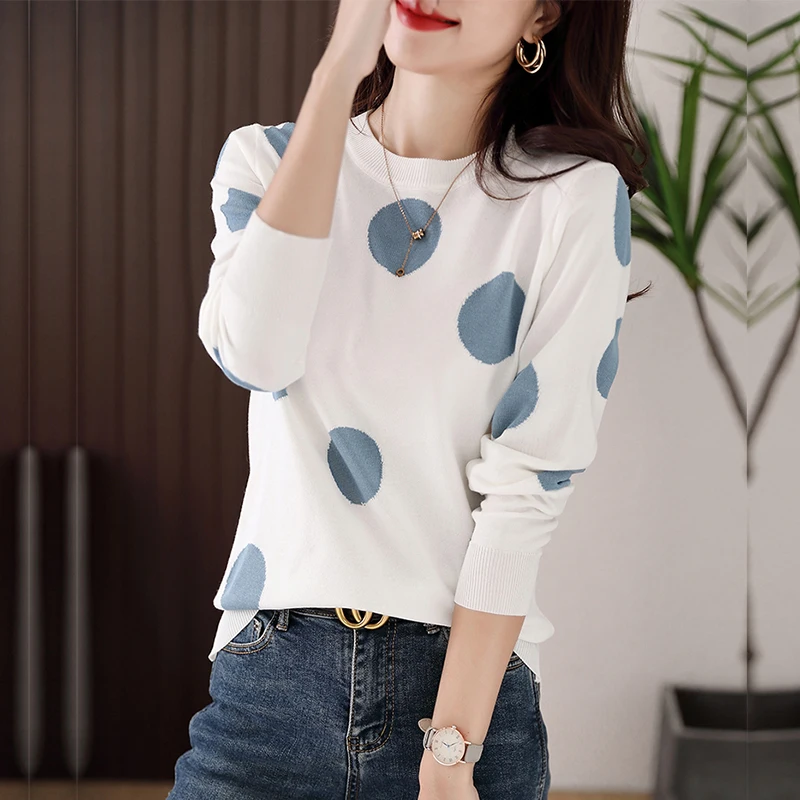 Top Trends: 2022 New Women's Fashion Casual Knitwear Polka Dot Long Sleeve High Quality Round Neck Knit T-Shirt Elastic Streetwear Shoppable Styles