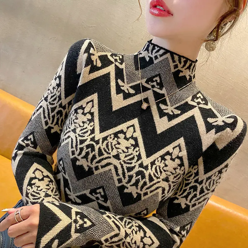 Top Trends: Women&#039;s Half High Neck Sweater Fashion Underlay New Autumn And Winter Printed Striped Long Sleeve Pullover Slim Knitted Tops Shoppable Styles