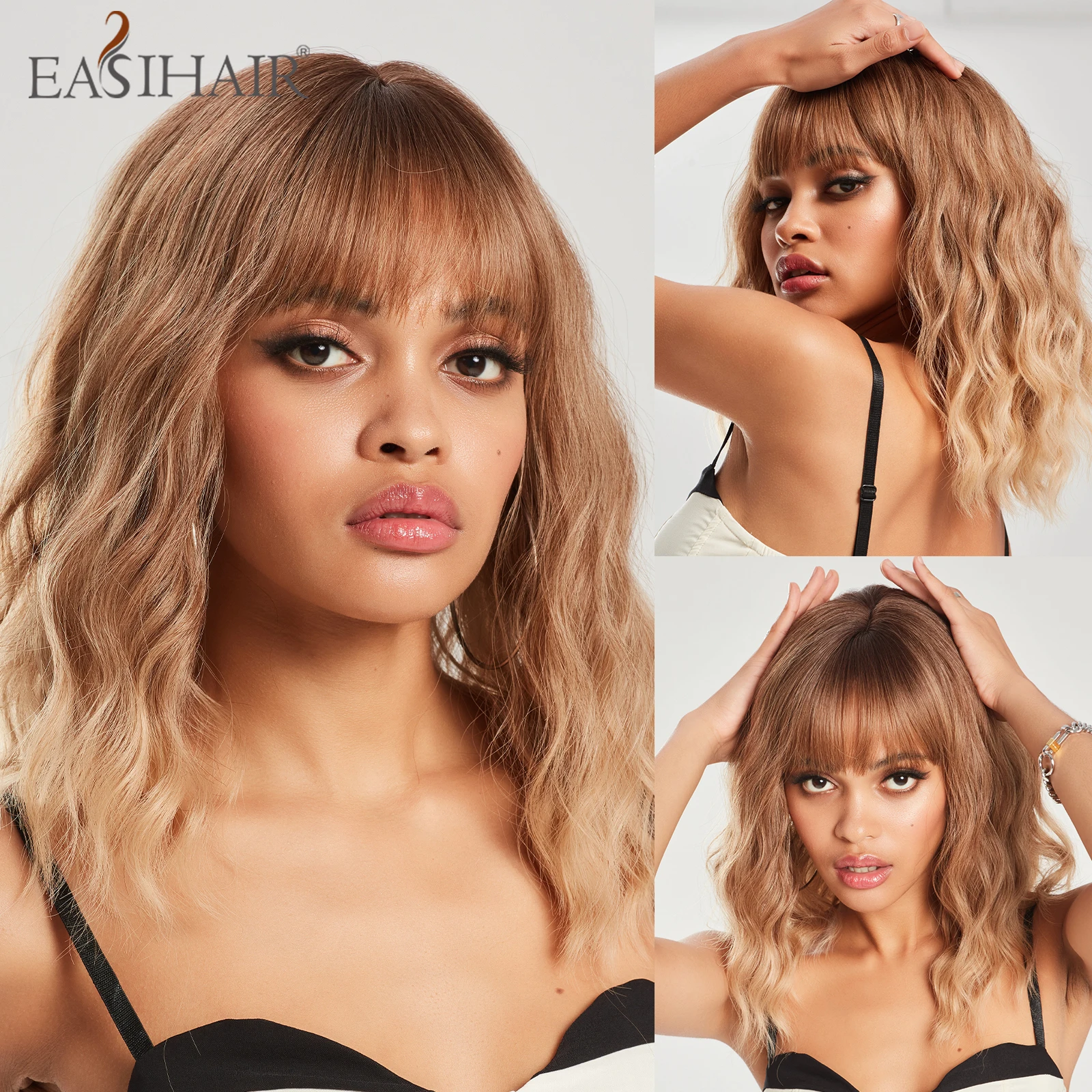 Top Trends: EASIHAIR Blonde Ombre Synthetic Wigs With Bangs Short Wavy Natural Hair Wigs For Women Daily Cosplay Wig Heat Resistant Fiber Shoppable Styles