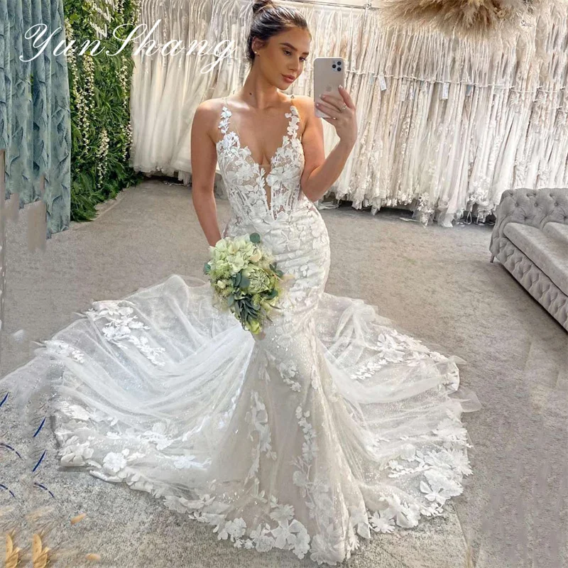 Top Trends: Yunshang Luxury Mermaid Wedding Dresses WomenLace Open Back V-Neck Applique Spaghetti Straps Bridal Gown Train Vestidos De Novia Shoppable Styles