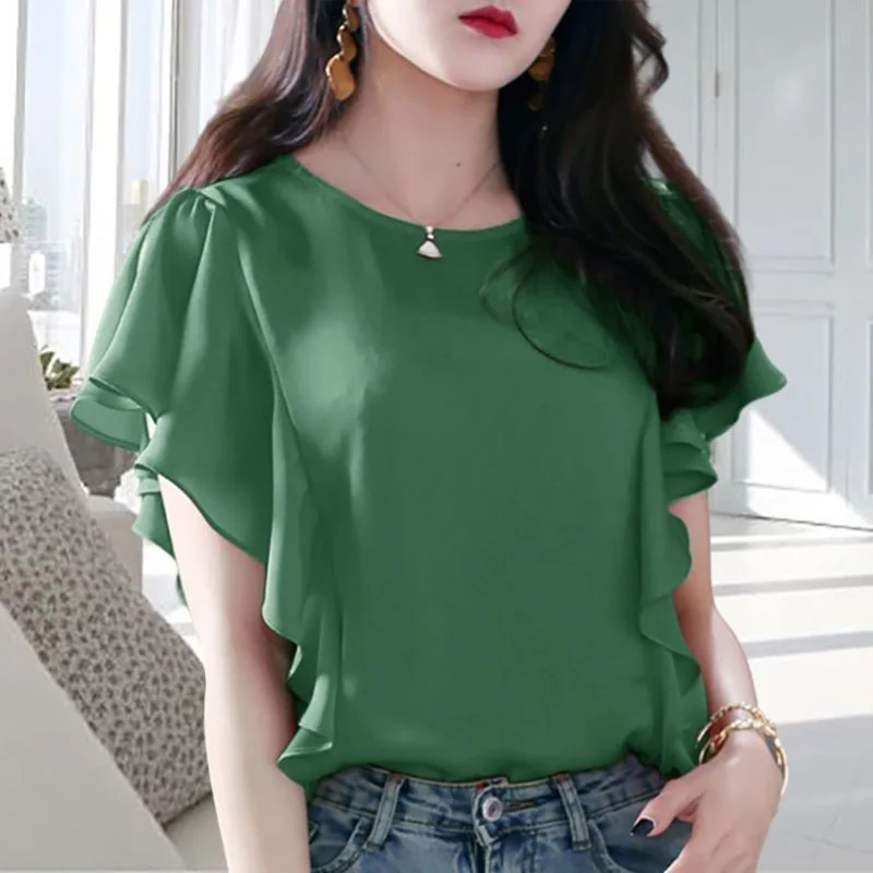 Top Trends: Elegant Flying Sleeve O-Neck Summer Loose Chiffon Shirt Oversized Casual Pullovers Commute Tops Fashion Woman Blouses 2022 Shoppable Styles