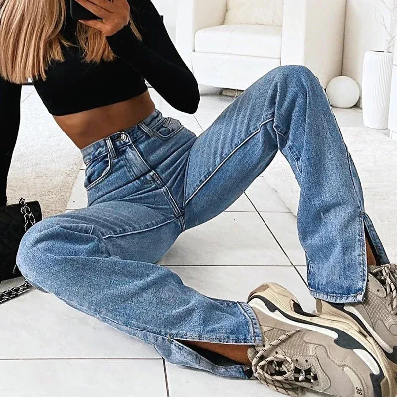 Top Trends: Women Casual High Waist Solid Straight Jeans Side Split Blue Denim Trousers Solid Streetwear Jeans Baggy Pants Pantalons Capris Shoppable Styles