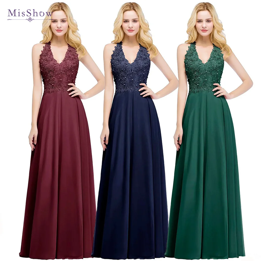 Top Trends: MisShow In Stock Crystal Lace Applique Bridesmaid Dresses For Women Elegant V-Neck Long Chiffon Formal Wedding Evening Dress Shoppable Styles