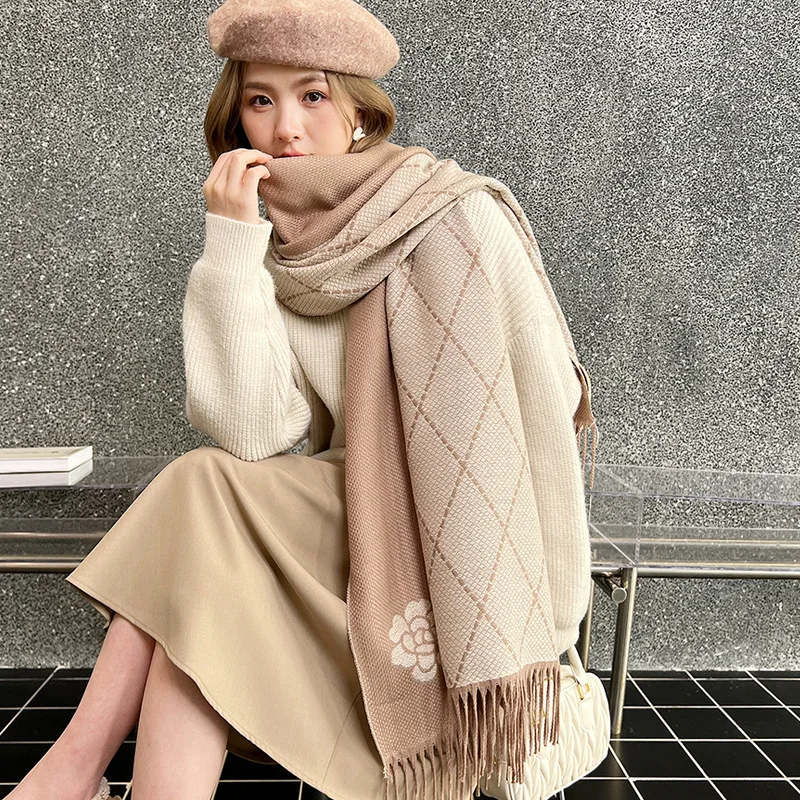 Top Trends: Double Side Women Winter Cashmere Scarf Luxury Camellia Printed Warm Neckerchief Pashmina Female Foulard Scarves Wraps Shoppable Styles