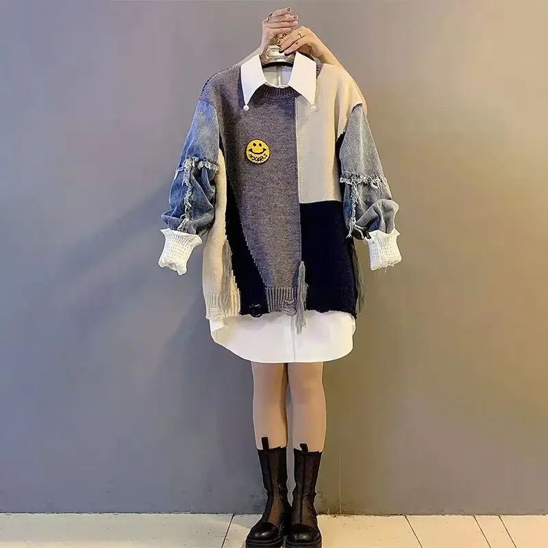 Top Trends: 2023 Winter New Cartoon Printing Denim Spliced Knitted Sweater Pullover Chiffon Shirt Two Piece Elegant Women's Sweater Set Shoppable Styles - Image 4