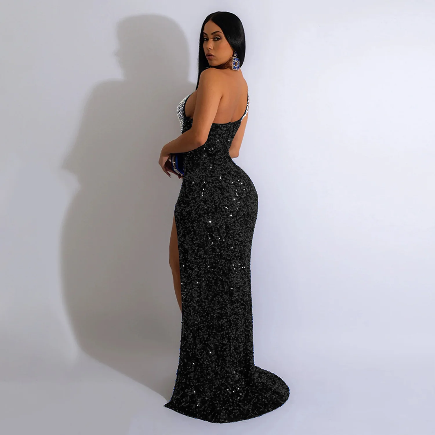 Top Trends: Clothing 2023 Summer Women Diamonds Hot Rhinestone Sequined Skew Neck High Side Slit Bodycon Midi Party Evening Maxi Long Dress Shoppable Styles - Image 2