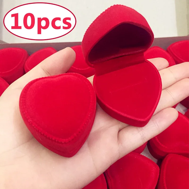 Top Trends: 10Pcs Red Velvet Heart Ring Box Jewelry Display Case Holder Gift Boxes Wedding Romantic Organizer Engagement Ring Case Wholesale Shoppable Styles