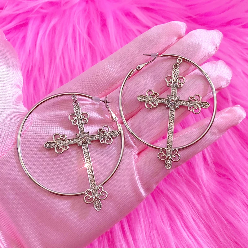 Top Trends: 2000s Accessories Bling Crystal Cross Hoop Earrings Punk Aesthetic Luxury Korean Fashion Earring For Women Punk Jewelry Y2K Cool Shoppable Styles