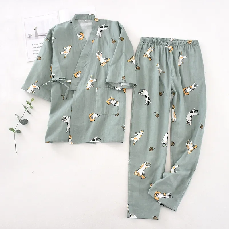 Top Trends: 2024 New Seven-sleeve Japanese-style Kimono Pajamas Set Female Spring And Autumn 100% Cotton Gauze Home Clothes Cute Sweet Two-p Shoppable Styles