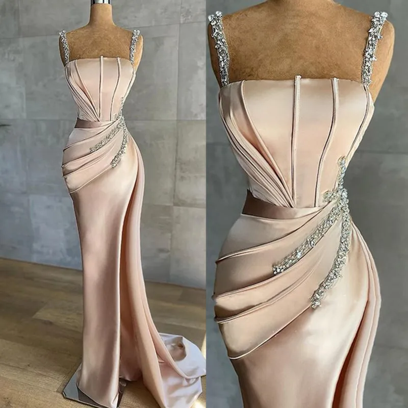 Top Trends: Elegant Ladies Satin Mermaid Luxurious Evening Dress Beaded Detachable Train Spaghetti Straps Prom Sexy Pleated Robes De Soirée Shoppable Styles