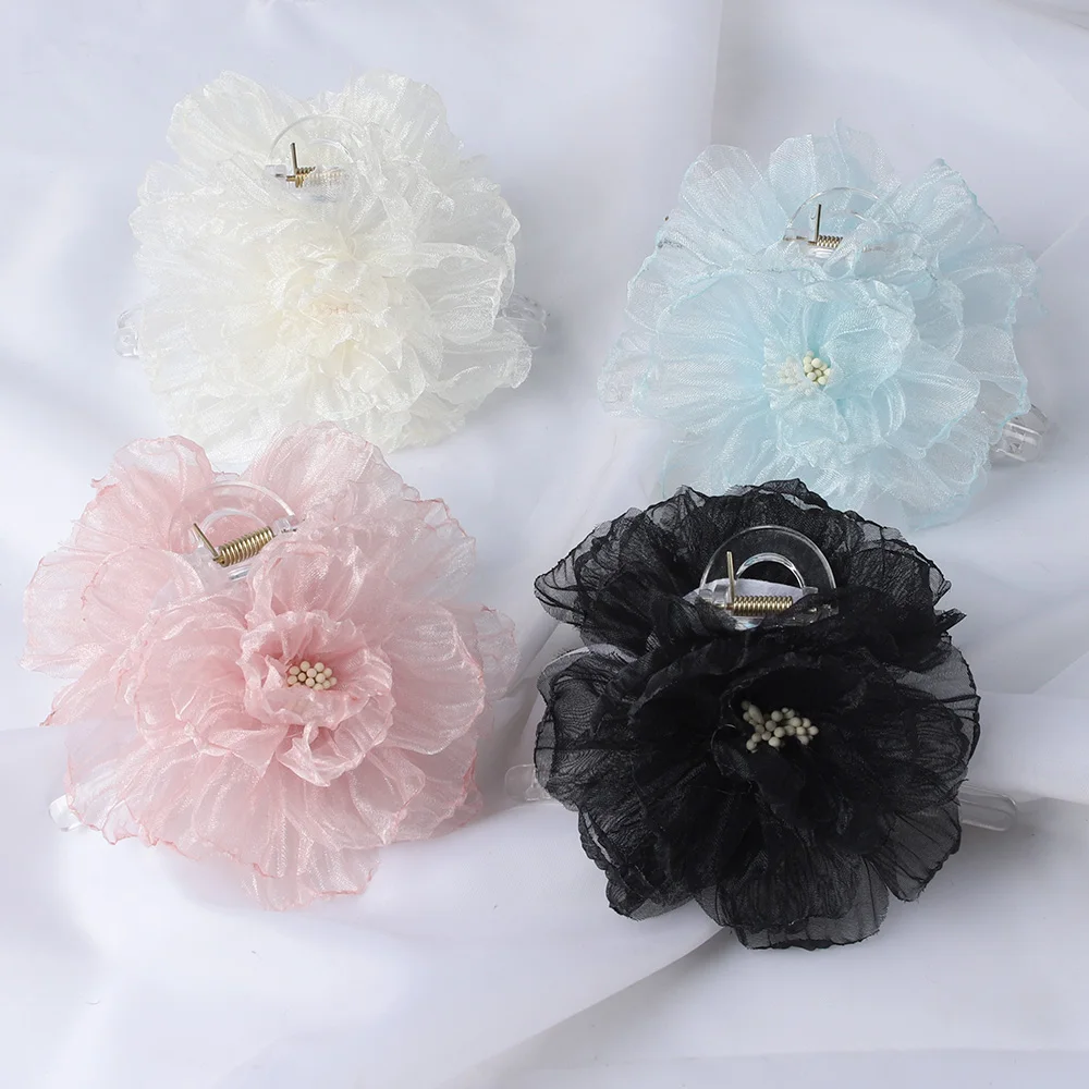 Top Trends: Organza Big Flower Hair Claw Clips Crab Barrettes Women Girls Transparent Ponytail Holder Hair Clamps Hair Accessories Fashion Shoppable Styles - Image 2