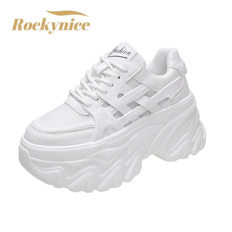 Top Trends: White Chunky Sneakers Women New 2022 Autumn Hidden Heel Platform Sports Dad Shoes Woman Lace Up Breathable Mesh Casual Shoes 8CM Shoppable Styles