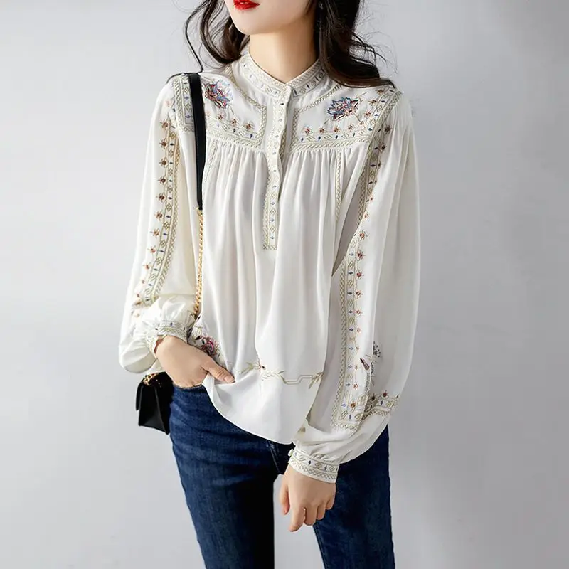 Top Trends: Bohemian Fashion Printed Blouse Female Clothing Stand Collar Spring Autumn Long Sleeve Shirring Casual Loose All-match Shirt New Shoppable Styles