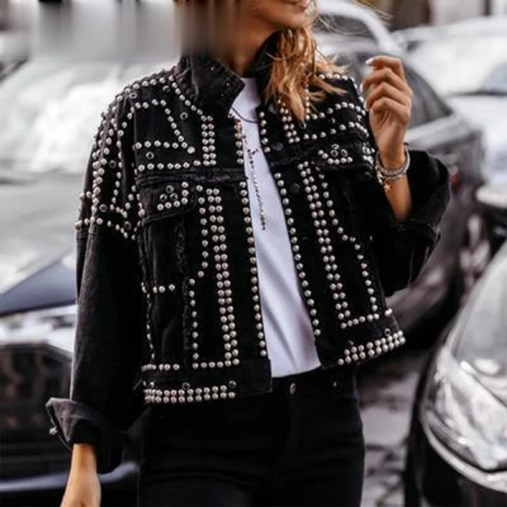 Top Trends: Women Outwear Studded Denim Jacket 2022 Spring Autumn Lapel Loose Single Breasted Buckle Casual Short Jeans Coats Shoppable Styles