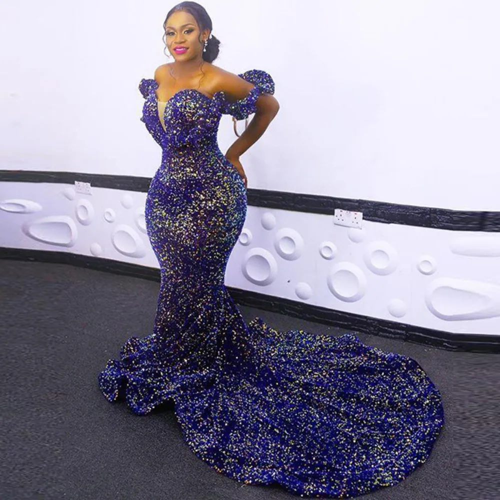 Top Trends: Sparkly Blue Sequin Prom Dresses Aso Ebi Plus Size Off The Shoulder Mermaid Evening Gowns African Formal Party Dress 2023 New Shoppable Styles