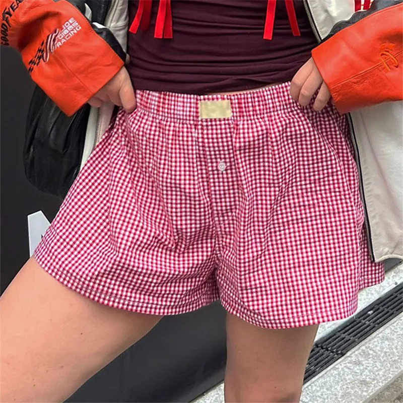 Top Trends: Y2k Aesthetic Plaid Shorts Women's Cute Pajamas Short Pants Lounge Sleep Bottoms Elastic Waist Button Casual Baggy Sweatshorts Shoppable Styles