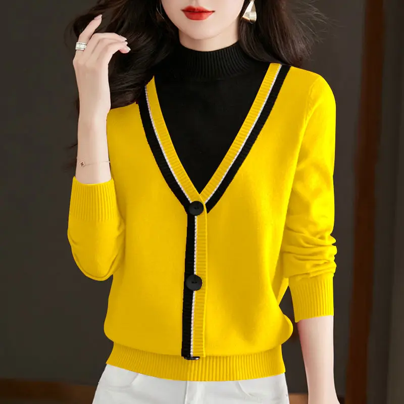 Top Trends: Autumn Winter New Half High Collar Fake Two Piece Slim Pullover Sweater Women's Colorful Button Versatile Knit Long Sleeved Top Shoppable Styles