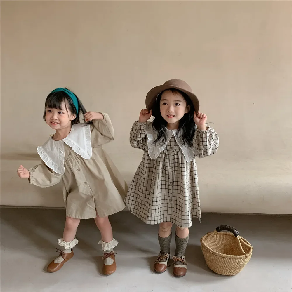 Top Trends: 8486 Girls Clothes Casual Dress Autumn 2023 New Korean Cotton Linen Girls Princess Dress Big Turn Down Collar Plaid Dress Shoppable Styles