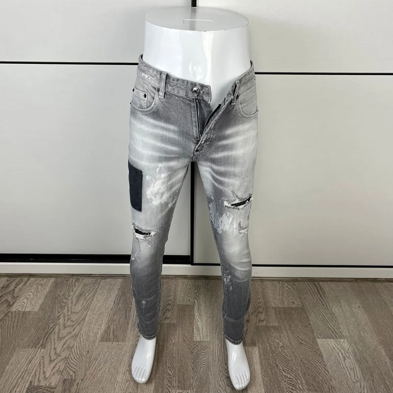 Top Trends: Fashion Designer Men Jeans High Quality Retro Gray Elastic Slim Fit Painted Ripped Jeans Men Street Hip Hop Brand Pants Hombre Shoppable Styles