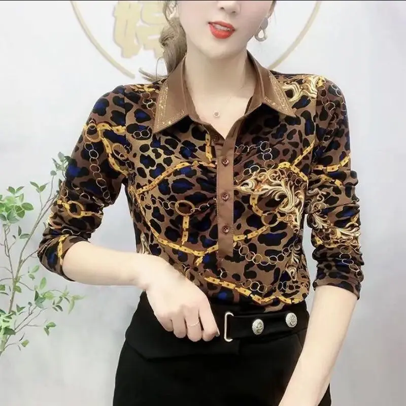 Top Trends: Autumn Winter Vintage Leopard Stylish Letter Printed Blouse Chic Diamonds Polo-Neck Women&#039;s Clothing Button Slim All-match Shirt Shoppable Styles