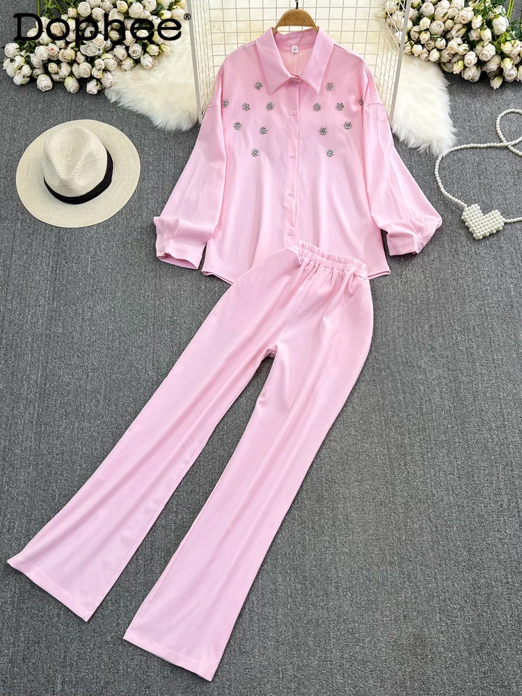 Top Trends: Shirts Blouse Long Pants Set Women Korean Loose Flower Rhinestone Long-Sleeve Button Shirt Summer High Waist Wide-Leg Pants Suit Shoppable Styles