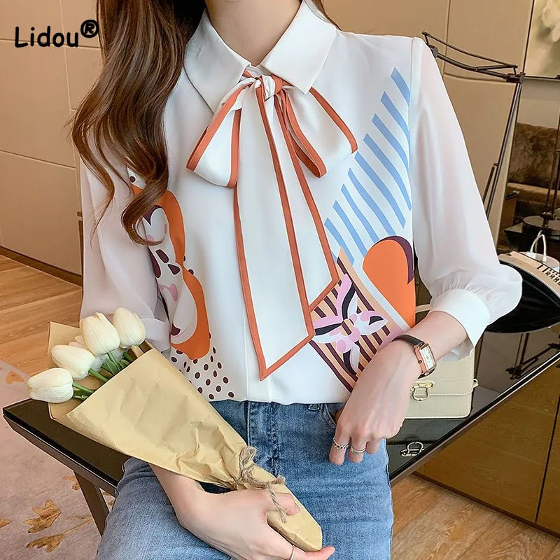 Top Trends: Female Korean Casual Turn-down Collar Lace Up Printed Blouse Summer Women's Clothing Fashion Elegant 3 / 4 Sleeve Chiffon Shirt Shoppable Styles