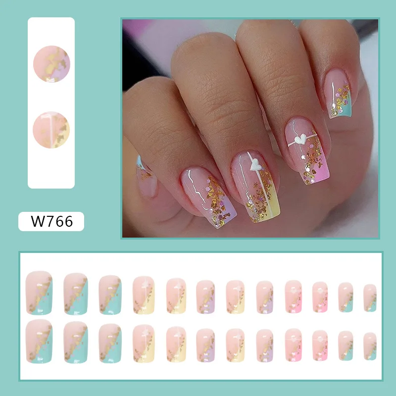 Top Trends: 24Pcs / Set False Nail French Gold Leaf Rainbow Heart Fake Nail Tips Full Cover Acrylic False Nails Decoration For Nail Tip Shoppable Styles - Image 2