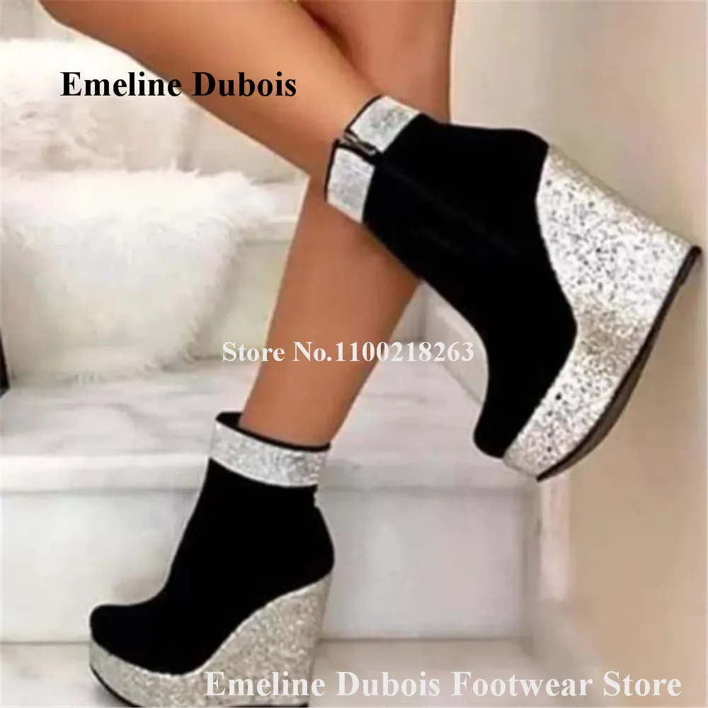 Top Trends: Bling Bling Silver Gold Glitter Wedge Short Boots Emeline Dubois Round Toe Black Suede Patchwork Sequined Wedge Ankle Booties Shoppable Styles