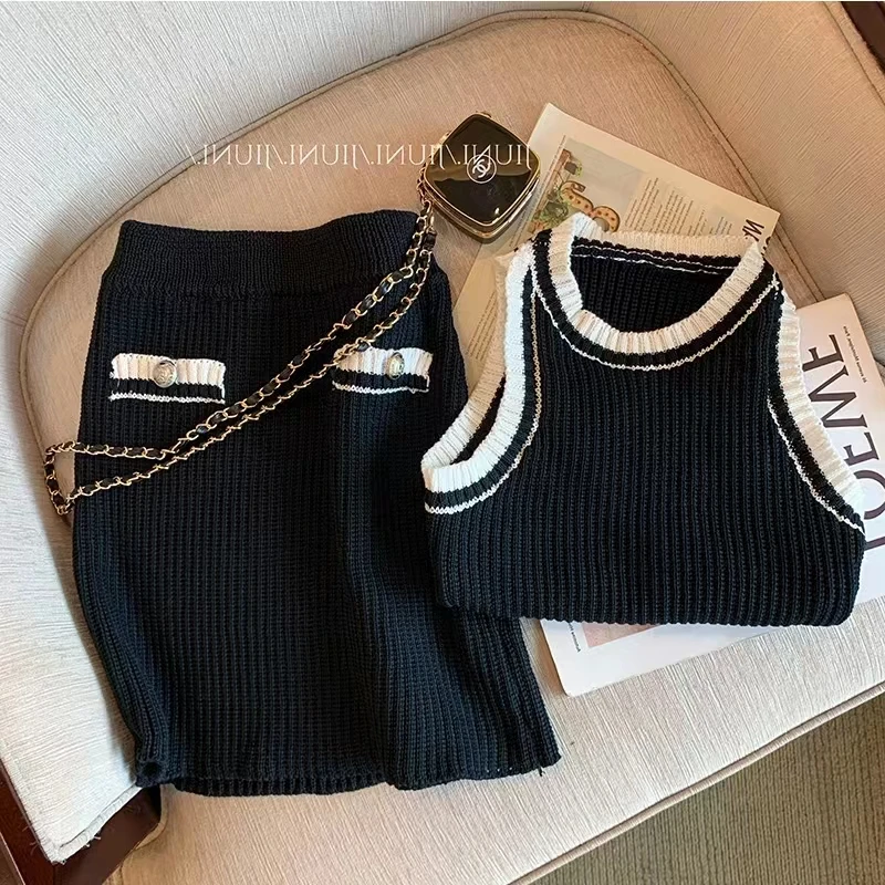 Top Trends: Knitted Two Piece Sets Sexy Elegant Bodycon Women Mini Skirt Suits Tank Top Slim O-neck Summer Vest Korean Casual Knitwear N415 Shoppable Styles