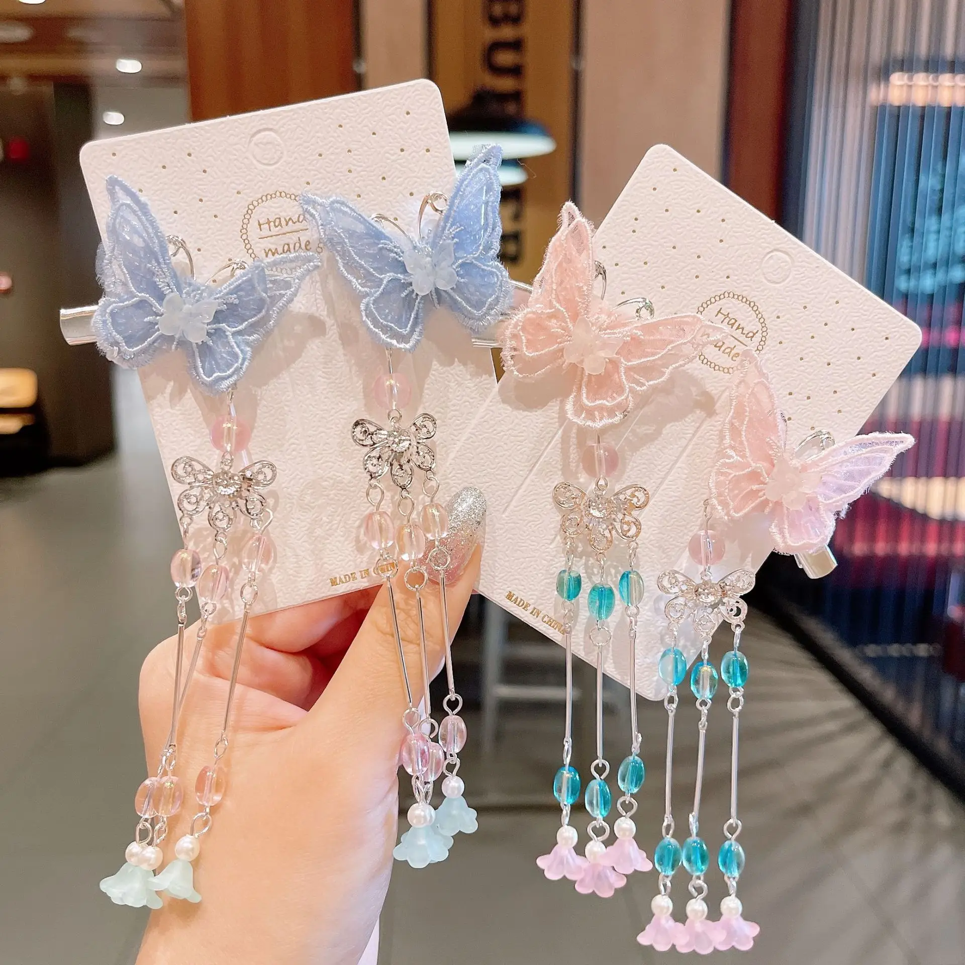 Top Trends: 2Pcs / Set New Korean Yarn Elegant Butterfly Hairpin Flowers Metal Tassel Long Hairgrips Party Hair Accessories Combo Hair Clip Shoppable Styles - Image 3