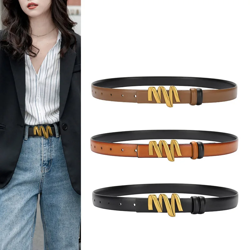 Top Trends: Autumn Women's Belt Thin Narrow Letter Smooth Buckle Leather Waistband High Quality Business Casual Brand Designer Jeans Belt Shoppable Styles