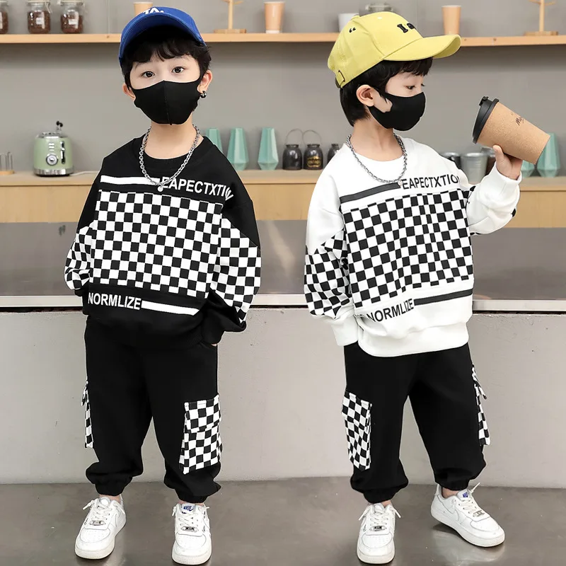 Top Trends: Boys&#039; Long Sleeve Sweatshirt + Pants 2pcs Suit Spring Autumn Plaid Print Sweater Medium And Big Children Sports Two-Piece Suit Shoppable Styles