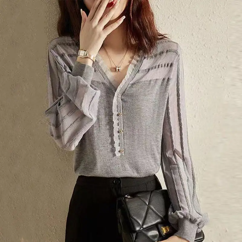 Top Trends: Office Lady Solid Color Gauze Spliced Blouse Spring Summer Long Sleeve Female Clothing Elegant V-Neck Lace Casual Knitted Shirt Shoppable Styles