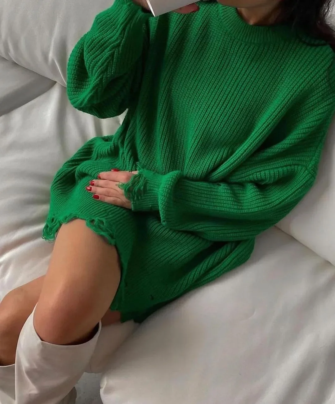 Top Trends: 2024 Spring Knitted Women&#039;s Long Sweater Green Loose Hole Pullover Female Jumper Winter Trendy Warm Streetwear Y2k Sweater Lady Shoppable Styles