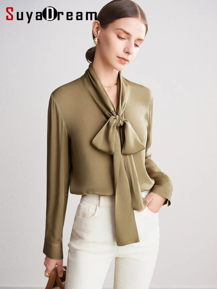 Top Trends: SuyaDream Silk Shirts For Woman 93%Silk 7%Spandex Solid Long Sleeve Bow Collar Office Chic Blouse Shirt 2022 Spring Shirts Shoppable Styles