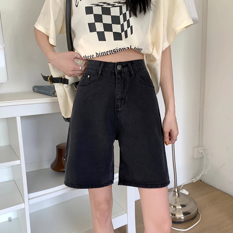 Top Trends: Wide High Waisted Black Shorts Jeans Women Y2k Summer Female Vintage Blue Straight Denim Short Korean Casual Knee Length Pants Shoppable Styles