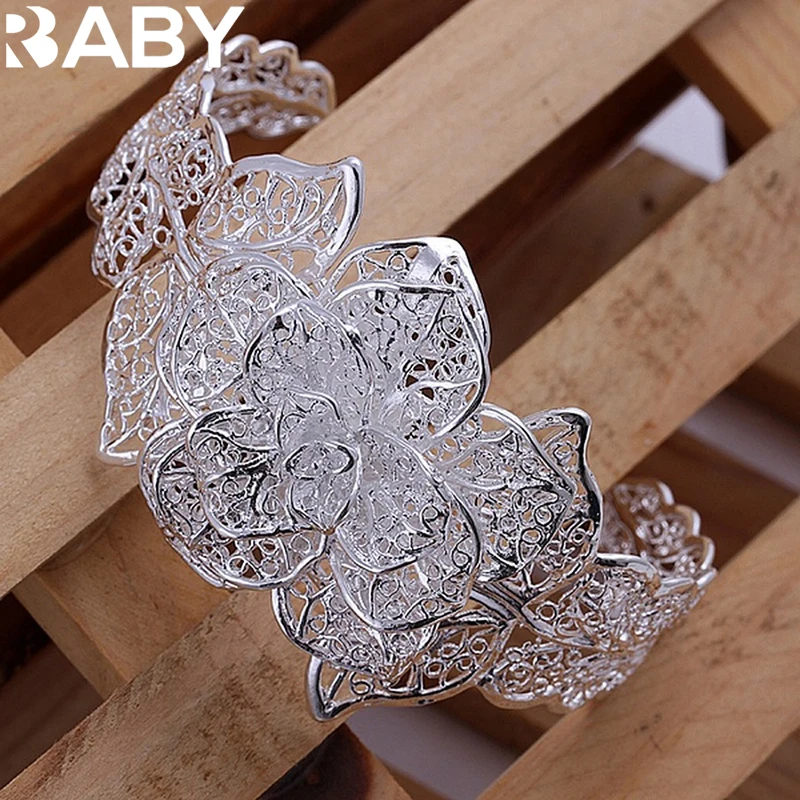 Top Trends: 925 Sterling Silver Jewelry Bangle Hot Engagement Exquisite Retro Charm Hollow Big Women Lady Flowers Openings Bracelet Shoppable Styles