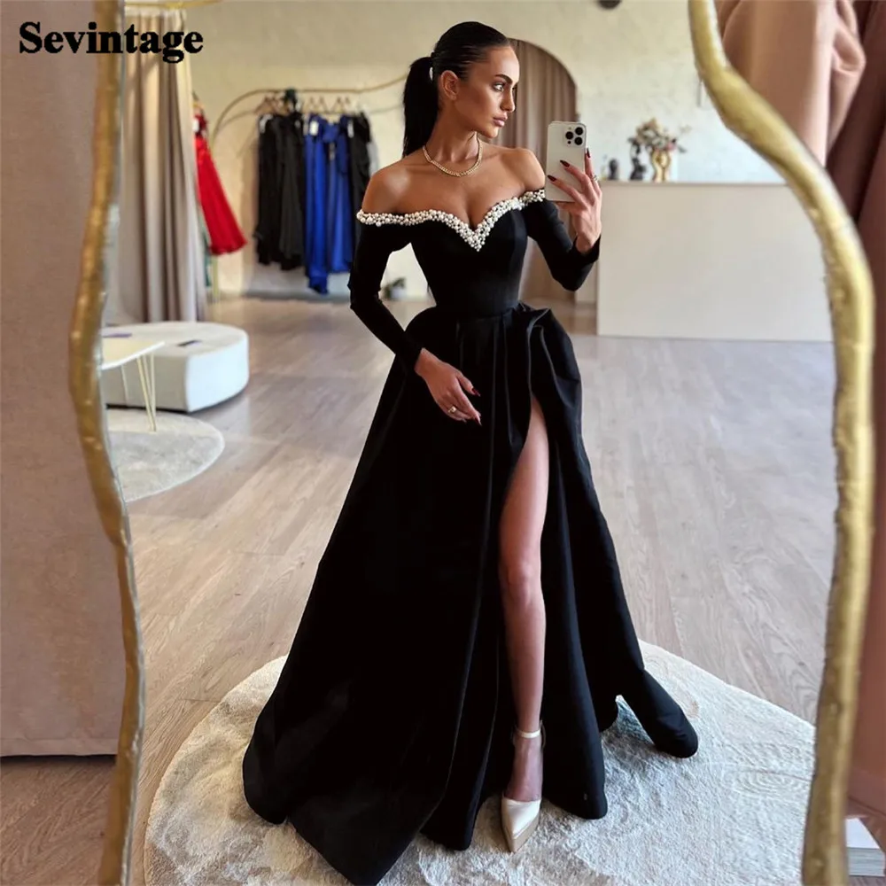 Top Trends: Sevintage Elegant Black Prom Dresses A-Line Satin Off The Shoulder Long Sleeves Floor Length Party Gowns Vestidos De Graduación Shoppable Styles