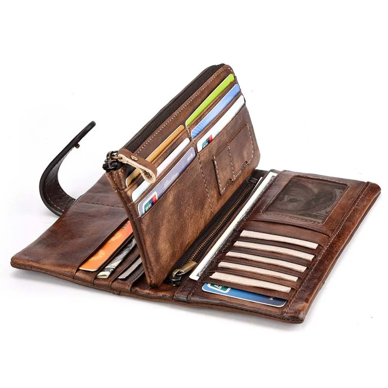 Top Trends: Vintage Cowhide Long Wallet Men Women Blocking Credit Card Holder Purse New Style Retro Rub Color Fashion Stitching Zipper Purs Shoppable Styles