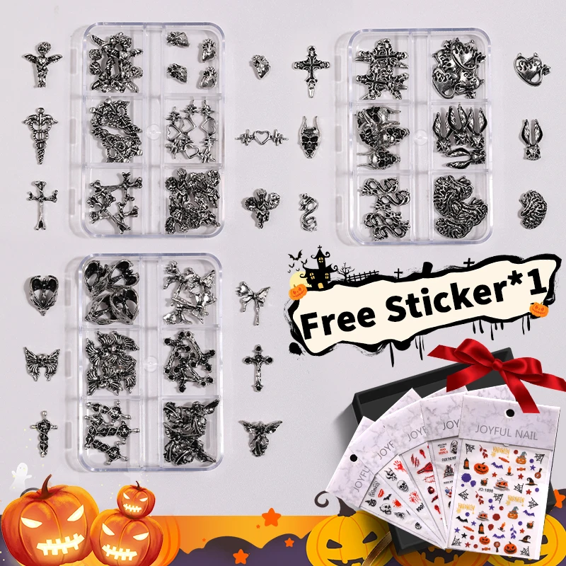 Top Trends: 6-Grid Halloween Retro Cross Nail Art Accessories Alloy Ghost Head Skull Angel Dragon Heart DIY Nail Art Decoration Shoppable Styles