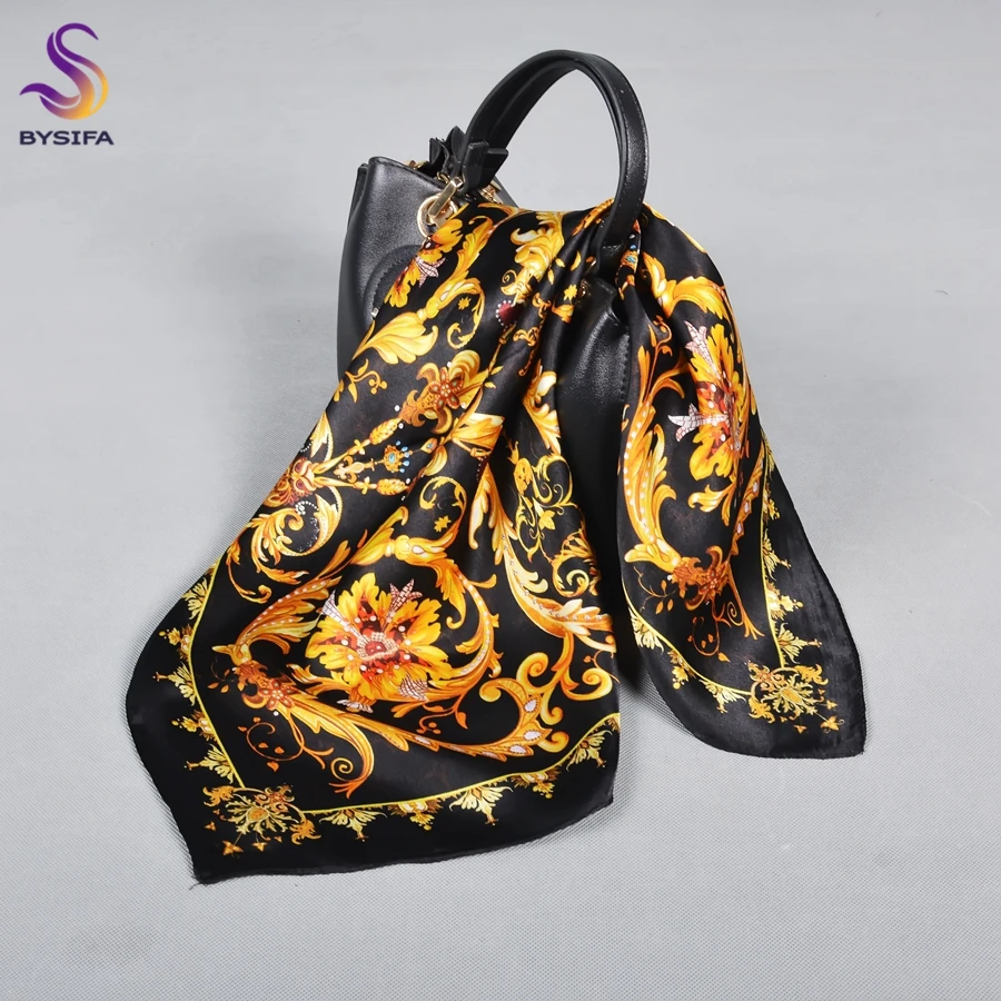 Top Trends: BYSIFA Black Gold Small Square Scarves Printed Women Fashion Luxury 100% Natural Silk Scarf Elegant Ladies Neck Scarf 53*53 Shoppable Styles