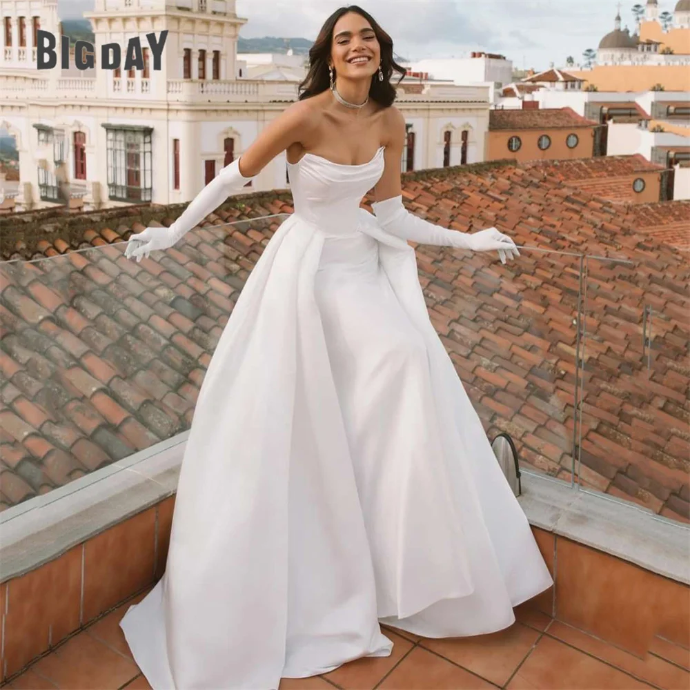 Top Trends: Elegant A-Line Wedding Dresses Women Strapless Pleat Off The Shoulder Open Back Button Bridal Gown Sweep Train Vestidos De Noiva Shoppable Styles