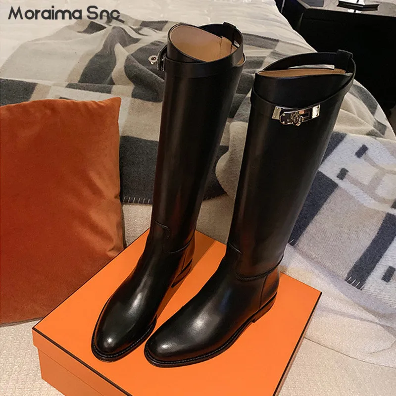 Top Trends: Silver Buckle Decorated Knee-High Boots Simple Design Pointed Toe Thick Heel Knight Boots Fashionable And Casual Women's Boots Shoppable Styles